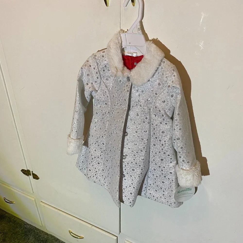 Nannette Baby Girl 2pc. White Sparkly Coat/Red Dress - Picture 7 of 15